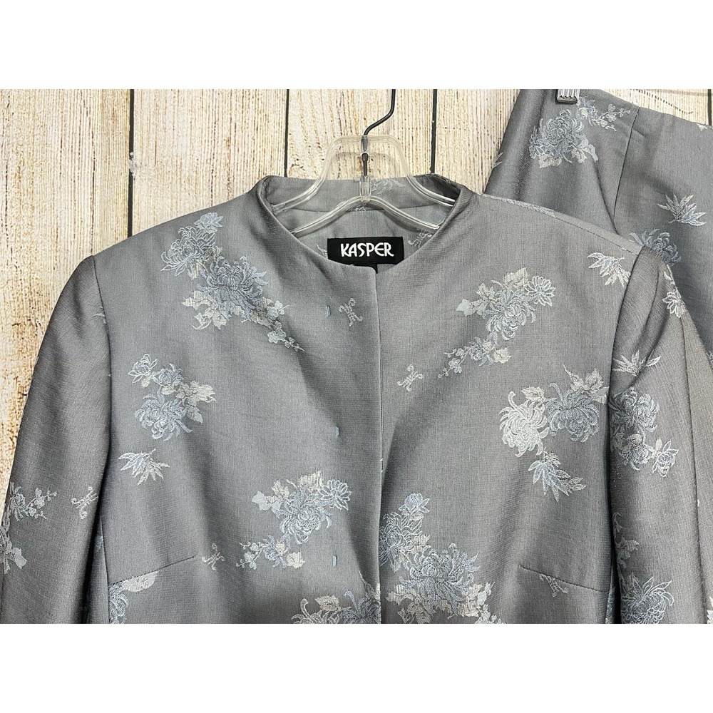 Kasper 2 Pc Floral Jacquard Pant Suit Women 6 Gray Formal Career Soft Quiet Lux - Picture 2 of 8